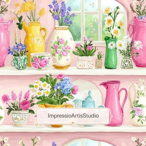 May include: A watercolor illustration of a pink shelf filled with vases, pitchers, and teacups, each holding colorful flowers. The scene includes a window in the background and the text "ImpressioArtisStudio".