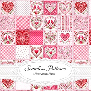 Puede incluir: Un diseño de tela digital estilo patchwork con cuadrados repetitivos de corazones rojos y rosas, coronas florales, parejas de pájaros, lunares y cuadros vichy. Una etiqueta ovalada blanca con borde de encaje muestra el texto Seamless Patterns AeternumArtis.