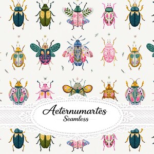 May include: A seamless pattern featuring various illustrated beetles in shades of blue, pink, green, and yellow on a cream background. A white lace-edged oval frame in the center displays the black text Aeternumartes Seamless.