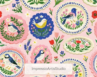 Diseño sin costuras de medallón de pájaros de inspiración vintage, patrón floral repetitivo, estampado de pájaros estilo cottagecore, diseño de tela botánica azul y rosa