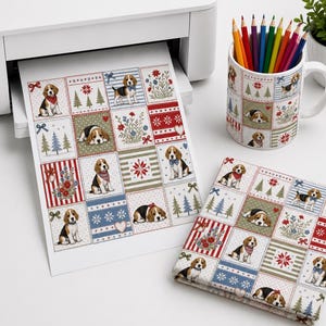 Beagle Patchwork Seamless Pattern, Christmas Puppy Quilt Design, Holiday Dog Fabric Print, Cozy Cottage Digital Paper image 3