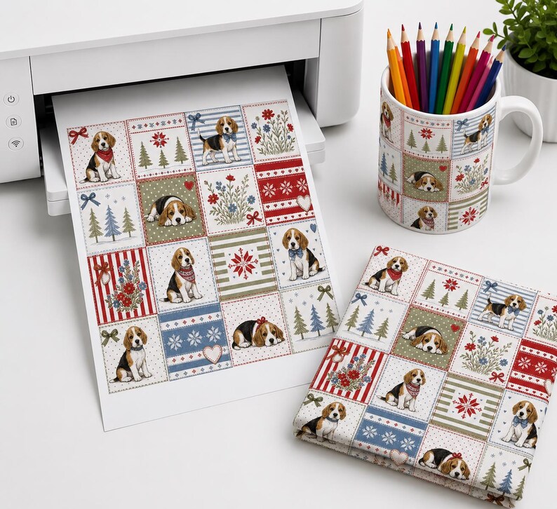 Beagle Patchwork Seamless Pattern, Christmas Puppy Quilt Design, Holiday Dog Fabric Print, Cozy Cottage Digital Paper image 3