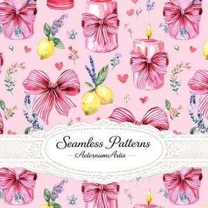 May include: A seamless pattern on a light pink background featuring watercolour illustrations of pink candles with red and white striped bows, yellow lemons, sprigs of lavender, and small red hearts. A white lace label reads Seamless Patterns AeternumArtis.