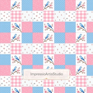 Blåfågel lapptäcke sömlöst mönster, Cottagecore Quilt tygdesign, vårblommig fågel upprepat mönster, digitalt papper