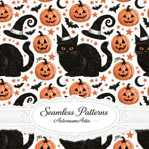 May include: A seamless pattern featuring black cats wearing pointed hats, orange jack-o'-lanterns, black bats, orange stars, and black crescent moons on a white background. A white decorative label with the text Seamless Patterns AeternumArtis.
