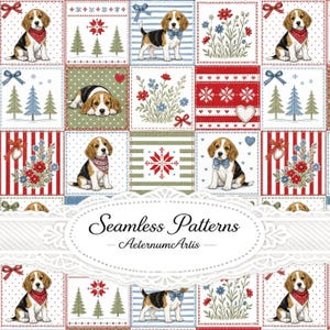 Beagle Patchwork Seamless Pattern, Christmas Puppy Quilt Design, Holiday Dog Fabric Print, Cozy Cottage Digital Paper