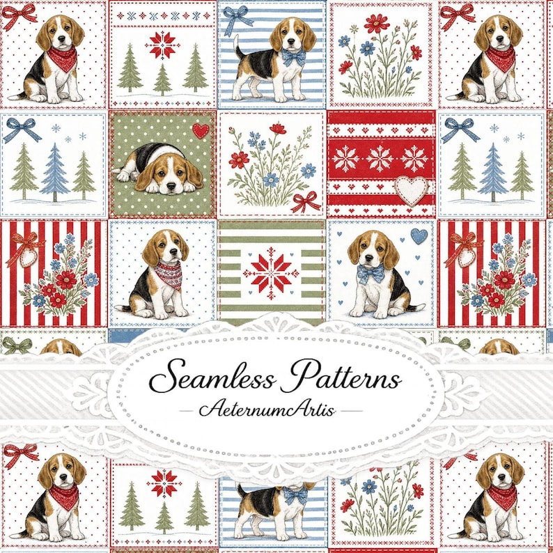 Beagle Patchwork Seamless Pattern, Christmas Puppy Quilt Design, Holiday Dog Fabric Print, Cozy Cottage Digital Paper image 1