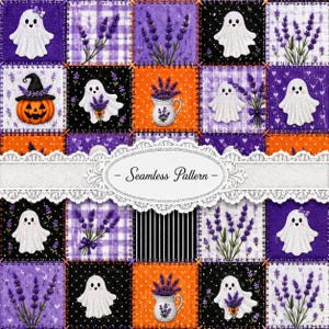 May include: A digital patchwork design featuring a repeating grid of squares with white ghosts, purple lavender sprigs, orange pumpkin jack-o'-lanterns, and white pitchers. A central white lace banner displays the text - Seamless Pattern -.