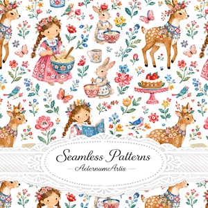Può includere: Un motivo continuo con illustrazioni ad acquerello di bambini con trecce, conigli e cervi adornati con corone di fiori. Il design include scene di pasticceria, una torta alle fragole, uccelli, farfalle e vari fiori su sfondo bianco. Il testo recita Seamless Patterns AeternumArtis.