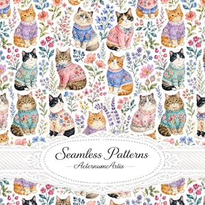 May include: A seamless pattern featuring various cats wearing colorful sweaters, interspersed with floral illustrations. A white oval frame in the center contains the text Seamless Patterns and AeternumArtis in a black script and serif font.