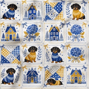 May include: A fabric pattern featuring a repeating grid of illustrations including dachshunds wearing blue or yellow sweaters, blue houses with yellow roofs, blue hydrangea bouquets, and yellow and blue checkered or star-patterned quilt squares.