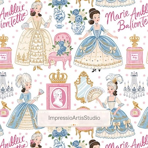 Pode incluir: Padrão repetitivo com ilustrações de mulheres em vestidos históricos, coroas, frascos de perfume e móveis. A paleta de cores inclui detalhes em rosa claro, azul e dourado sobre um fundo branco com bolinhas rosas. O texto "Marie Aniblle Balionte" é visível.