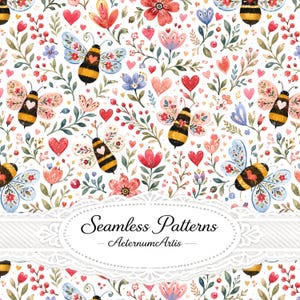 Pode incluir: Um padrão contínuo com ilustrações em aguarela de abelhões com marcas em forma de coração nos seus corpos, rodeados por flores coloridas, folhas e pequenos corações vermelhos num fundo branco. O texto diz Seamless Patterns AeternumArtis.
