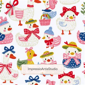 Pode incluir: Padrão lúdico com ilustrações de patos e pintinhos com chapéus, laços e outros acessórios, sobre um fundo branco. Inclui o texto "ImpressioArtisStudio". O design tem um estilo divertido e de desenho animado.