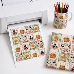 Naadloos patchworkpatroon voor Halloween, digitaal papier met zwarte kat, pompoen en heksenketel, behang in cottagecore-stijl, JPG 300 DPI afbeelding 3