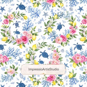 May include: Watercolor pattern featuring pink roses, yellow lemons, blue sea turtles, starfish, and coral on a white background. The design includes the text "ImpressioArtisStudio" in a decorative banner.