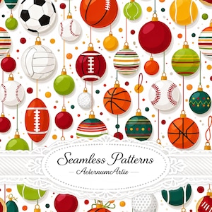 Puede incluir: Un patrón continuo que presenta varios balones deportivos diseñados como adornos navideños colgantes, incluyendo fútbol, baloncesto, béisbol, fútbol americano y voleibol, intercalados con esferas de colores sólidos y el texto Seamless Patterns AeternumArtis.