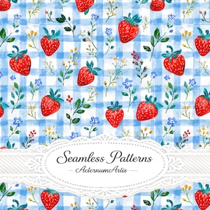 Strawberry Seamless Pattern, Blue Gingham Fabric Pattern, Strawberry Digital Paper, Cottagecore Fabric Print, Seamless Repeat Wallpaper