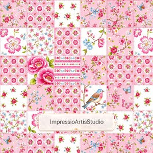 May include: A patchwork fabric design featuring a repeating grid of squares with pink and white backgrounds. Patterns include floral blossoms, butterflies, birds, and geometric motifs. The text ImpressioArtisStudio is centered in a white rectangle.