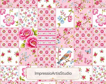 Pink Floral Patchwork Seamless Pattern, Cherry Blossom Quilt Fabric Design, Cottagecore Bird Repeat Pattern, Digital Paper