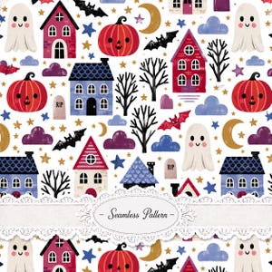 May include: A seamless pattern featuring a white background with repeating Halloween motifs including red and blue houses, orange jack-o'-lanterns, white ghosts, black bats, bare trees, purple and blue clouds, gold stars, and tombstones with RIP text.
