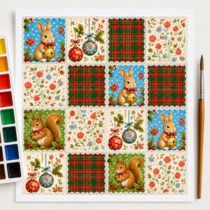 May include: A square sheet of paper featuring a grid of sixteen illustrations with white lace-style borders. The designs include brown rabbits holding gold bells, red and green plaid patterns, floral motifs, and hanging Christmas ornaments.