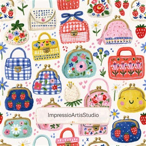 Pode incluir: Um padrão de bolsas e carteiras ilustradas, coloridas, em várias formas e designs. As bolsas apresentam padrões florais, de morangos e xadrez vichy, com uma variedade de cores, incluindo azul, rosa, amarelo e vermelho. O texto "ImpressioArtisStudio" está presente.