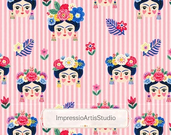 Diseño sin costuras Frida, estampado de tela de arte popular, papel tapiz de rayas rosas, estampado floral mexicano, diseño de superficie con retrato caprichoso
