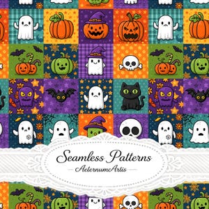 Pode incluir: Um padrão sem costuras apresentando uma grade de quadrados coloridos com ilustrações de Halloween, incluindo fantasmas, abóboras, lanternas, caveiras, morcegos e um gato preto. O texto Seamless Patterns AeternumArtis está centralizado numa moldura oval branca.
