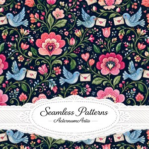 Pode incluir: Um padrão contínuo com pássaros azul-claros carregando envelopes com corações vermelhos, rodeados por flores rosas e vermelhas, folhas verdes e vinhas num fundo azul-marinho. Uma etiqueta branca exibe o texto Seamless Patterns AeternumArtis.