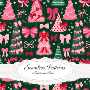 May include: A seamless pattern on a dark green background featuring stylized Christmas trees in shades of pink and green, decorated with various bows, pearls, and stars. A white oval label in the center displays the text Seamless Patterns AeternumArtis.