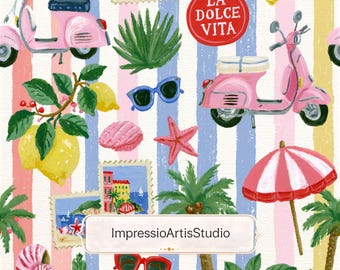 Italian Coastal Summer Seamless Pattern, Vespa Lemon Print, La Dolce Vita Repeat Pattern, Mediterranean Travel Design