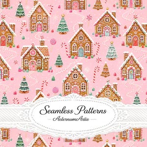 Puede incluir: Un patrón repetitivo sobre un fondo rosa claro que presenta casas de pan de jengibre con glaseado blanco, árboles de Navidad verdes y bastones de caramelo rojos y blancos. Una etiqueta ovalada blanca en el centro muestra el texto Seamless Patterns AeternumArtis.