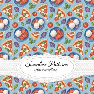 May include: A seamless pattern featuring illustrations of pizza slices, caprese salad plates with mozzarella and tomatoes, and fresh basil leaves on a light blue background. A white decorative label with the text Seamless Patterns AeternumArtis.