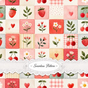 May include: A seamless pattern featuring a grid of squares with watercolor illustrations of red strawberries, cherries, various white and red flowers, green leaves, and small red hearts, overlaid with a white lace banner reading Seamless Pattern.