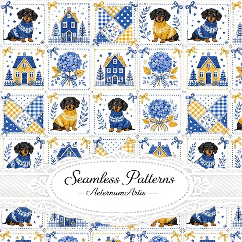 May include: A seamless fabric pattern featuring repeating squares of dachshunds in sweaters, blue houses, blue hydrangea bouquets, and yellow and blue checkered star motifs. The text Seamless Patterns AeternumArlis is centered in a white oval frame.