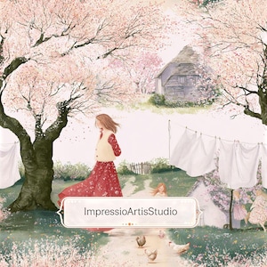 Pode incluir: Ilustração de uma mulher com um vestido vermelho e um colete creme caminhando por um caminho. O caminho é ladeado por flores e leva a uma pequena casa. As cerejeiras em flor emolduram a cena. Há galinhas em primeiro plano. O texto "ImpressioArtisStudio" está na imagem.