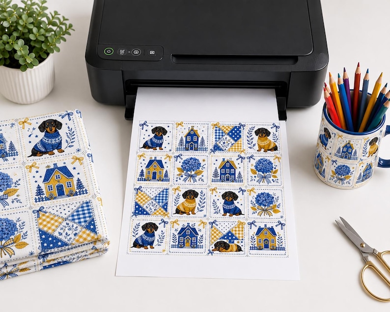 May include: A black printer outputting a sheet of paper with a grid pattern featuring illustrations of dachshunds in sweaters, blue houses, yellow and blue checkered squares, and blue hydrangea bouquets, matching a fabric stack and a pencil holder.
