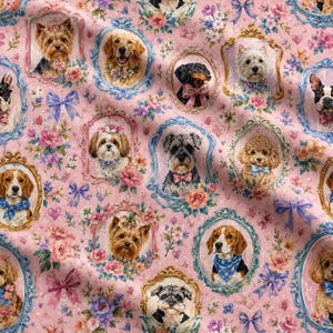 May include: A pink fabric featuring a repeating pattern of various dog breeds, each framed in ornate, colorful oval frames. The dogs are decorated with small bows and surrounded by floral illustrations, small hearts, and blue ribbons.