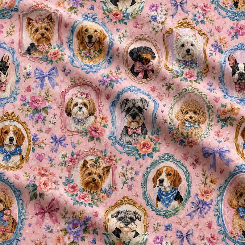 May include: A pink fabric featuring a repeating pattern of various dog breeds, each framed in ornate, colorful oval frames. The dogs are decorated with small bows and surrounded by floral illustrations, small hearts, and blue ribbons.