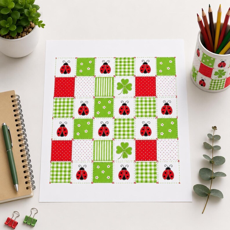 May include: A square art print featuring a grid of alternating patches in red, white, and green. The pattern includes illustrations of red ladybugs with black spots, green four-leaf clovers, small white flowers, and various textures like stripes, dots, and gingham checks.