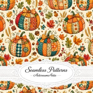 May include: A seamless pattern featuring patchwork pumpkins in shades of orange, green, and cream, accented with autumn leaves, wheat stalks, and acorns on a light background. The text Seamless Patterns AeternumArtis appears in the centre.