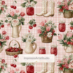 Può includere: Un motivo ripetuto con illustrazioni ad acquerello di fiori, ciliegie e stivali da cowboy. Il design include bouquet in brocche e cesti, barattoli di marmellata e uno sfondo a quadretti. È presente anche il testo "ImpressioArtisStudio".