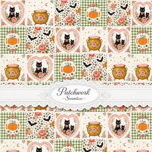 Halloween Patchwork Seamless Pattern, Black Cat Pumpkin Cauldron Digital Paper, Cottagecore Fabric Wallpaper Wrapping JPG 300 DPI
