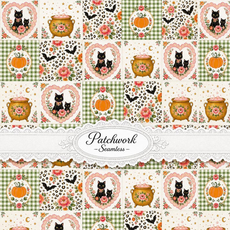 Naadloos patchworkpatroon voor Halloween, digitaal papier met zwarte kat, pompoen en heksenketel, behang in cottagecore-stijl, JPG 300 DPI afbeelding 1