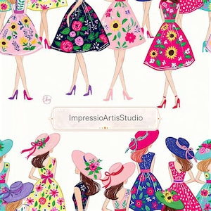 May include: Illustration of women in floral dresses and high heels. The dresses feature various floral patterns in pink, blue, yellow, and green. The image includes the text "ImpressioArtisStudio".