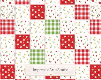 Strawberry Patchwork Seamless Pattern, Cottagecore Quilt Fabric Design, Daisy Gingham Digital Paper