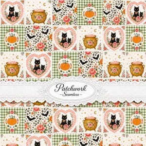Halloween Patchwork Seamless Pattern, Black Cat Pumpkin Cauldron Digital Paper, Cottagecore Fabric Wallpaper Wrapping JPG 300 DPI
