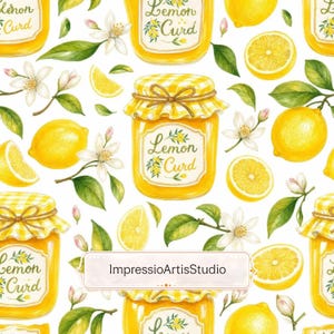 May include: Watercolor pattern featuring jars of lemon curd, whole and sliced lemons, white blossoms, and green leaves on a white background. The jars have yellow gingham lids and labels that read "Lemon Curd".