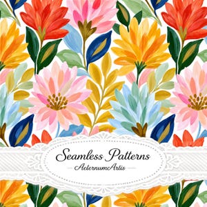 Puede incluir: Un patrón sin costuras con un diseño floral vibrante de flores rojas, rosas, amarillas y azul claro intercaladas con hojas de color verde oscuro y dorado sobre un fondo blanco. Una etiqueta con borde de encaje blanco muestra el texto Seamless Patterns AeternumArlis.
